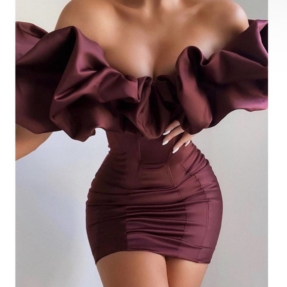 HOUSE OF CB Selena Wine Red Brown Puff Sleeve Off Shoulder Corset dress NWOT S - Picture 2 of 12